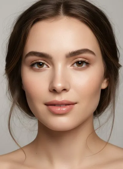 Bare minimum makeup on unpowdered skin — brushed-up brows, a soft brown wash on the lids, a natural flush on the cheeks and a sheer peach-pink lip