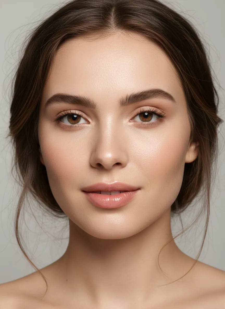 Bare minimum makeup on unpowdered skin — brushed-up brows, a soft brown wash on the lids, a natural flush on the cheeks and a sheer peach-pink lip