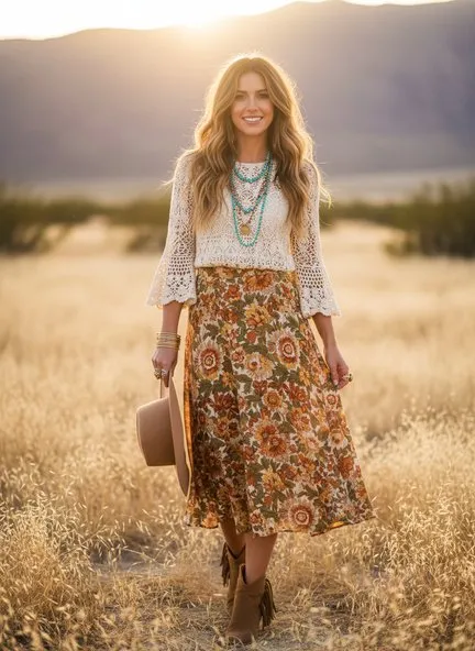 Cream crochet bell-sleeve top over a rust and olive floral midi skirt, layered turquoise bead necklaces, brass bangles, a tan felt hat and brown suede fringe boots