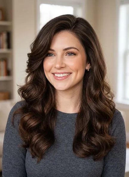 Shoulder-length dark brown hair set in large glossy barrel curls, side parted and brushed out into one soft uniform bounce