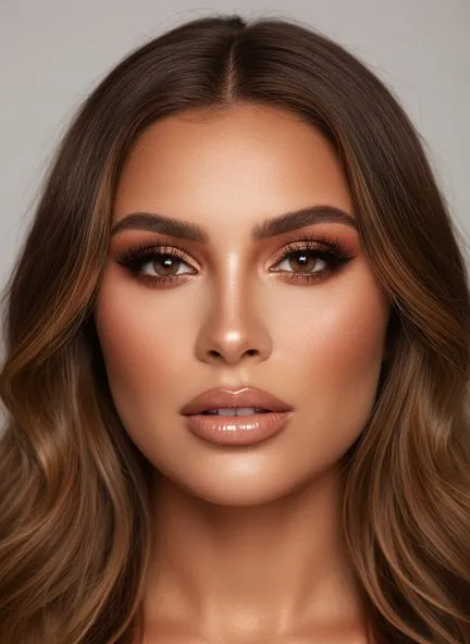 Bronze goddess makeup with copper metallic shadow blended past the crease, deeply bronzed and highlighted cheekbones and a shimmering caramel-nude lip