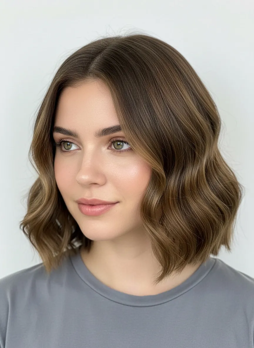 Shoulder-length wavy bob in a warm bronze brown, with burnished gold-brown ribbons lit through the mid-lengths and a deeper root