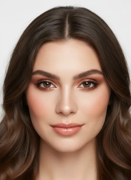 Brunch makeup with a warm peach-brown wash across the lids, apricot blush blended along the cheekbones and a glossy rose-nude lip