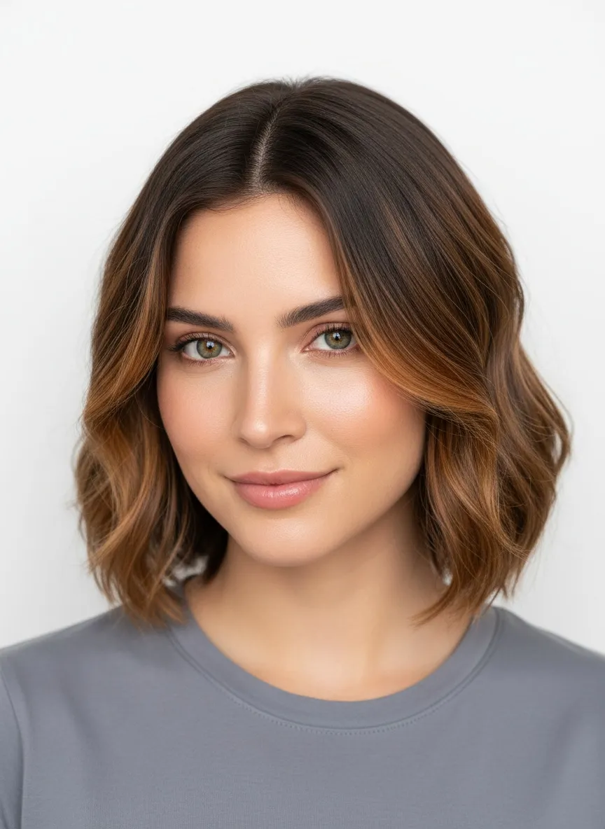 Dark brunette wavy bob with warm caramel balayage highlights framing the face and brightening the ends, roots left dark
