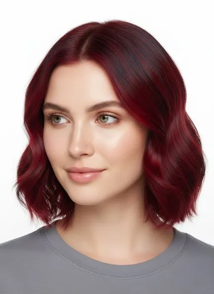 Wavy bob in a deep blue-based cherry red, near-black at the root and vivid crimson through the mid-lengths and ends