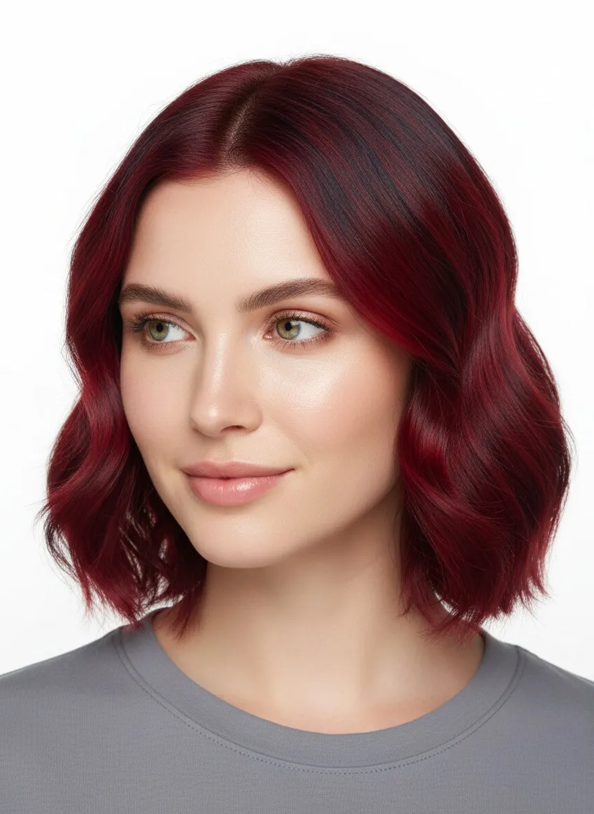 Wavy bob in a deep blue-based cherry red, near-black at the root and vivid crimson through the mid-lengths and ends