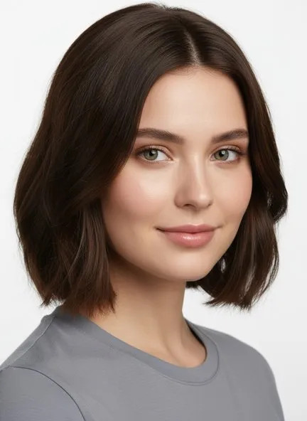 Glossy blunt bob in a rich medium-dark chocolate brown with a soft warm shine along the crown