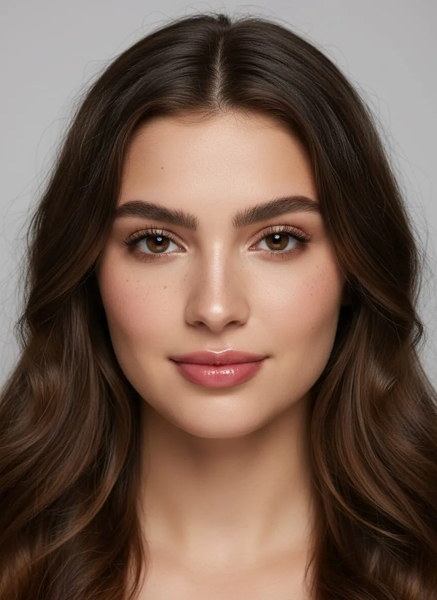 College casual makeup on lightly freckled bare skin — groomed brows, a thin smudge of brown liner along the upper lash line and a glossy mauve-pink lip