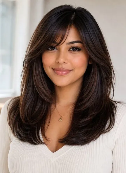 Espresso-brown blowout with a center-parted curtain fringe sweeping past the cheekbones and rounded volume through long layers