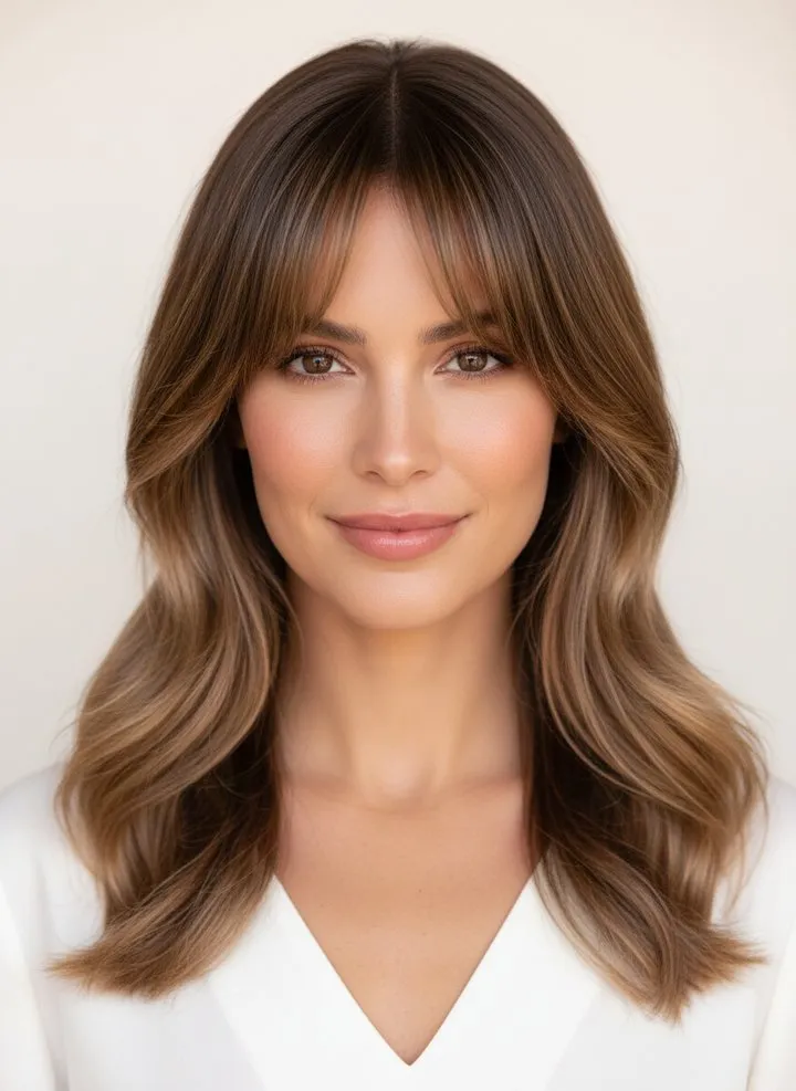 Curtain bangs parted in the middle and swept toward the cheekbones