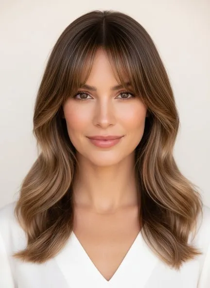 Curtain fringe parted down the middle and swept back to the cheekbones over long, softly waved bronde lengths