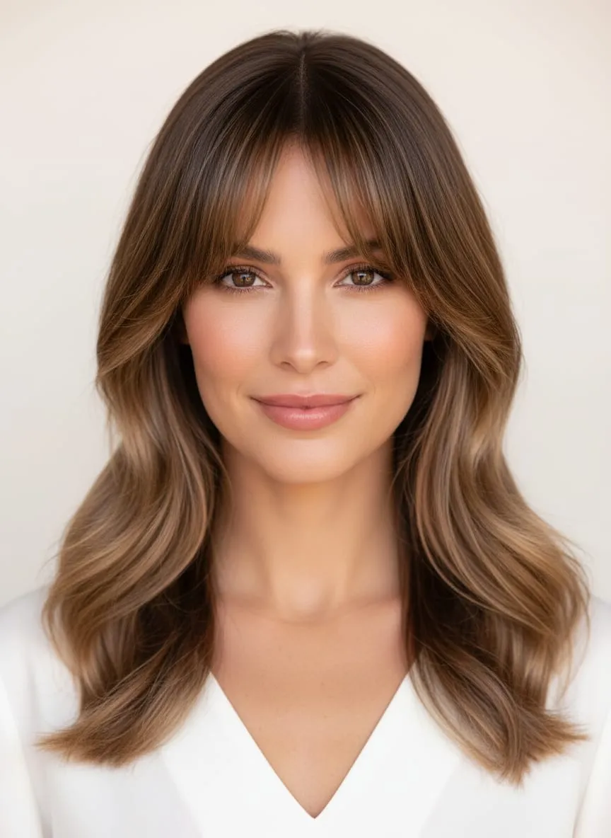 Curtain fringe parted down the middle and swept back to the cheekbones over long, softly waved bronde lengths
