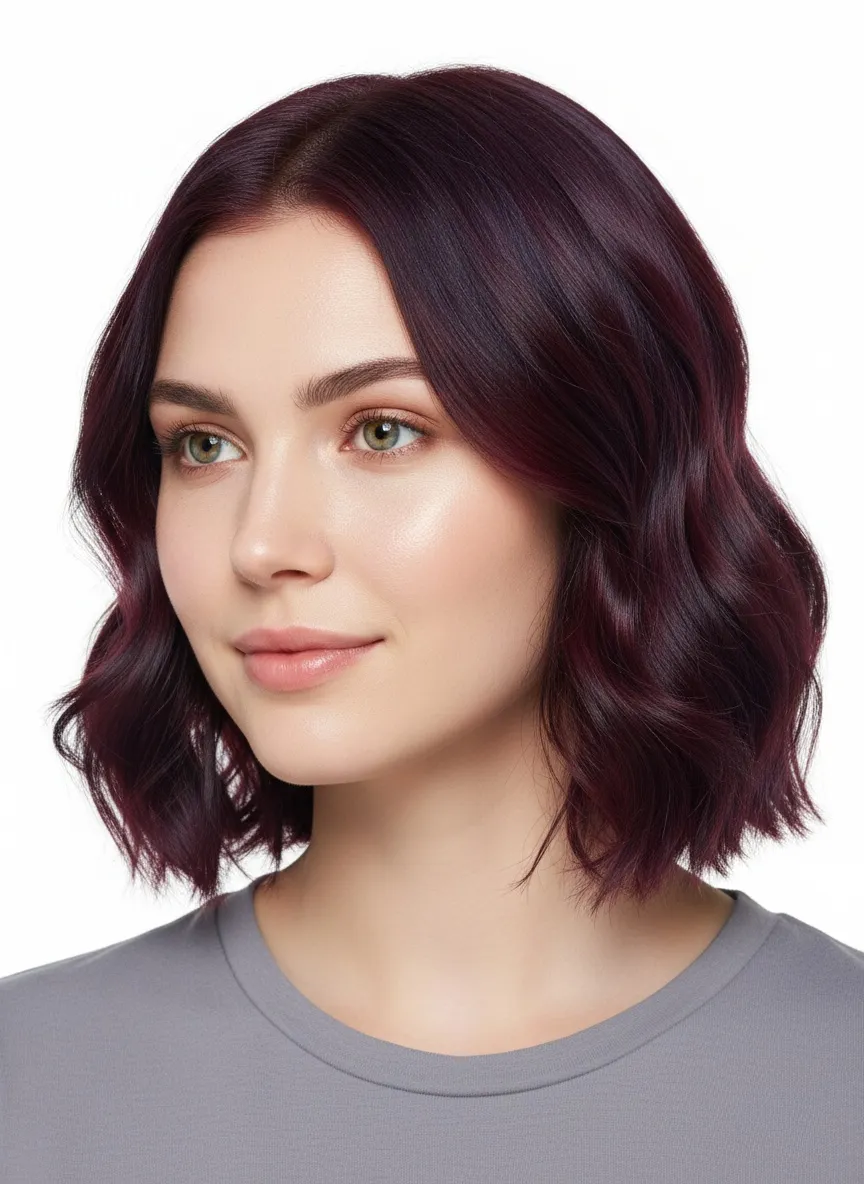 Shoulder-grazing waves in deep burgundy — a near-black wine red with visible violet where the light catches
