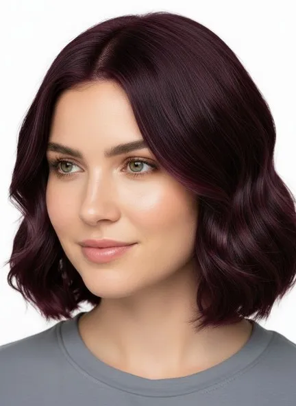 The same model with deep burgundy hair