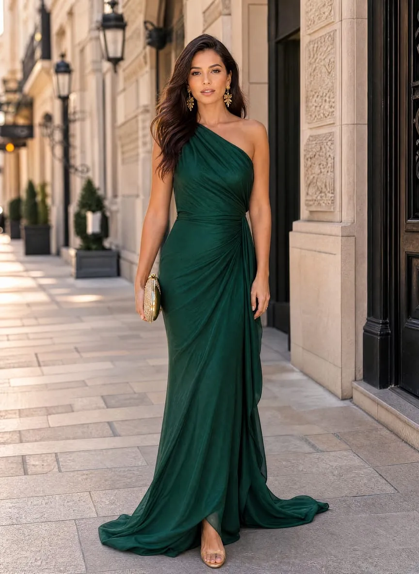 Emerald silk-chiffon gown with a one-shoulder drape, a ruched twist at the hip and a sweeping train, worn with gold chandelier earrings and a gold clutch