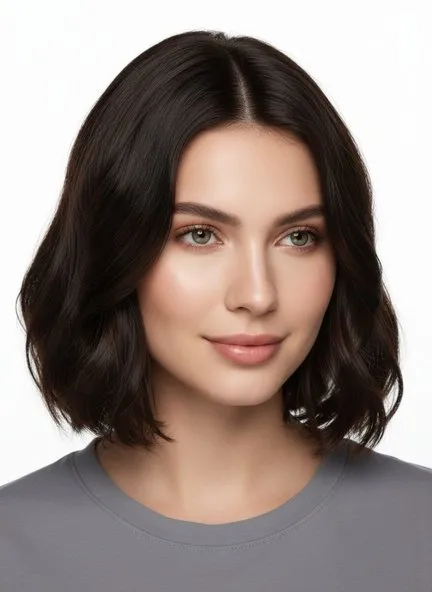 Chin-length wavy bob in espresso — near-black depth with a soft brown reflection where the light hits
