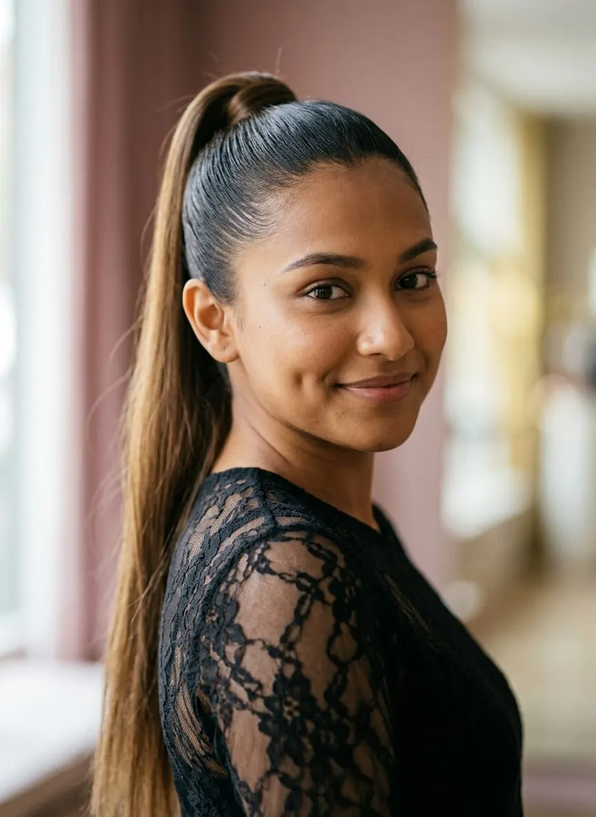 Glass-smooth high ponytail tied at the crown in profile, dark roots blending into long caramel lengths