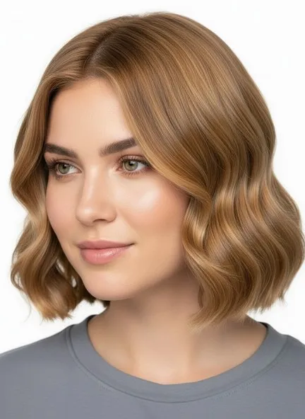 The same model with honey blonde hair