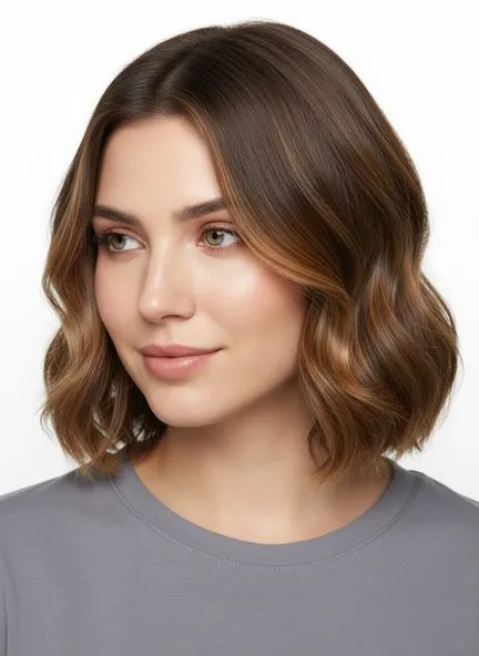 Wavy brunette bob broken up by warm honey highlights, concentrated around the face and through the mid-lengths