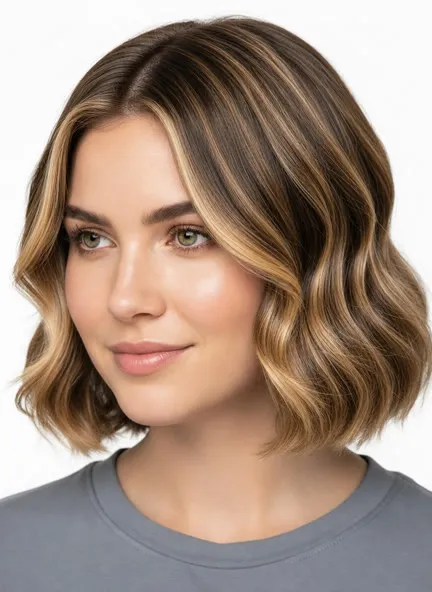 The same model with honey highlights hair
