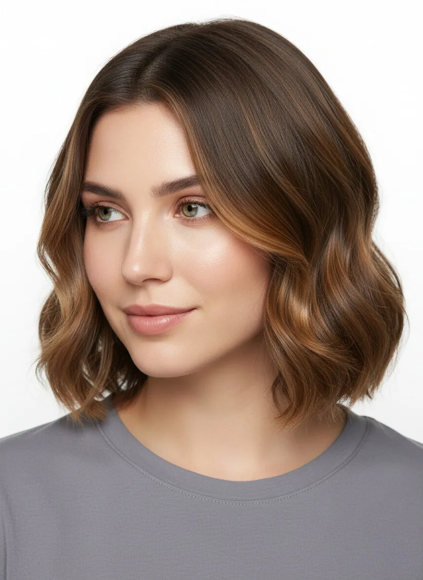 Wavy brunette bob broken up by warm honey highlights, concentrated around the face and through the mid-lengths