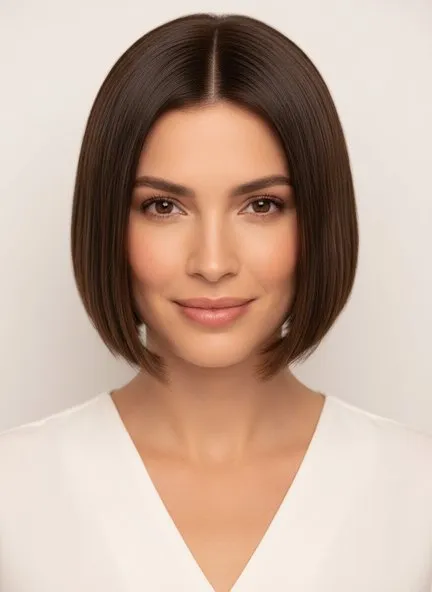 Glossy chin-length Italian bob in dark brown, center-parted with a soft perimeter that curves under at the jaw