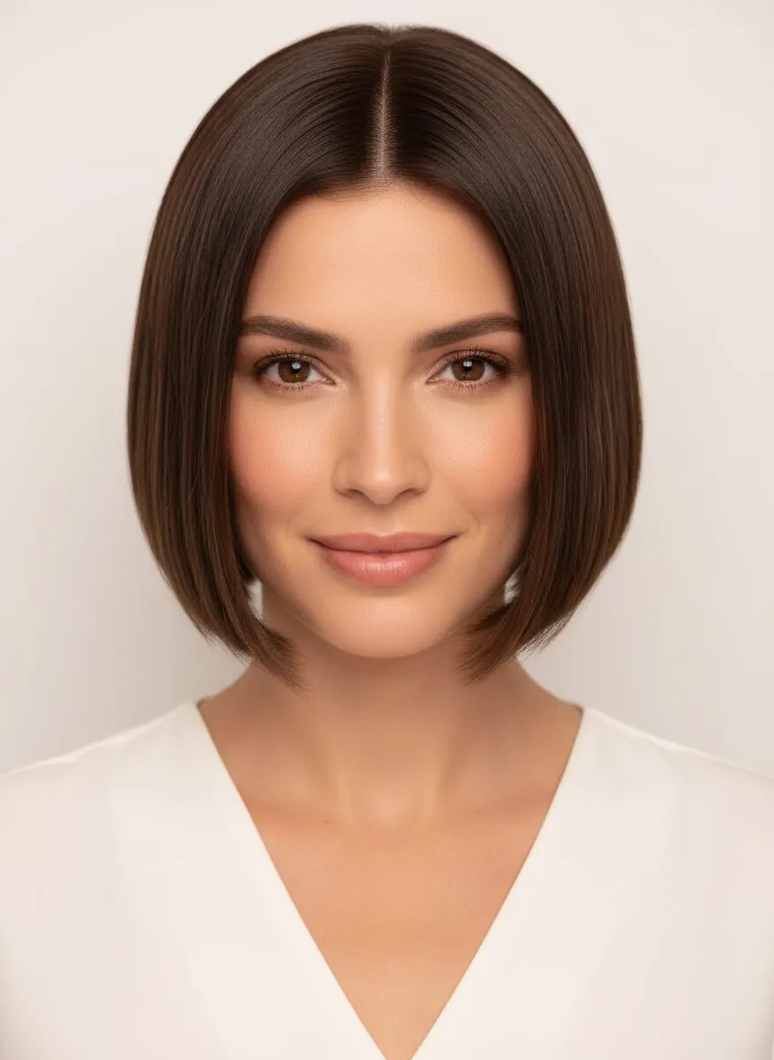 Glossy chin-length Italian bob in dark brown, center-parted with a soft perimeter that curves under at the jaw