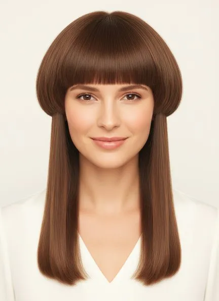 Jellyfish cut with a rounded, bowl-shaped upper layer and blunt fringe sitting well above long, poker-straight lengths