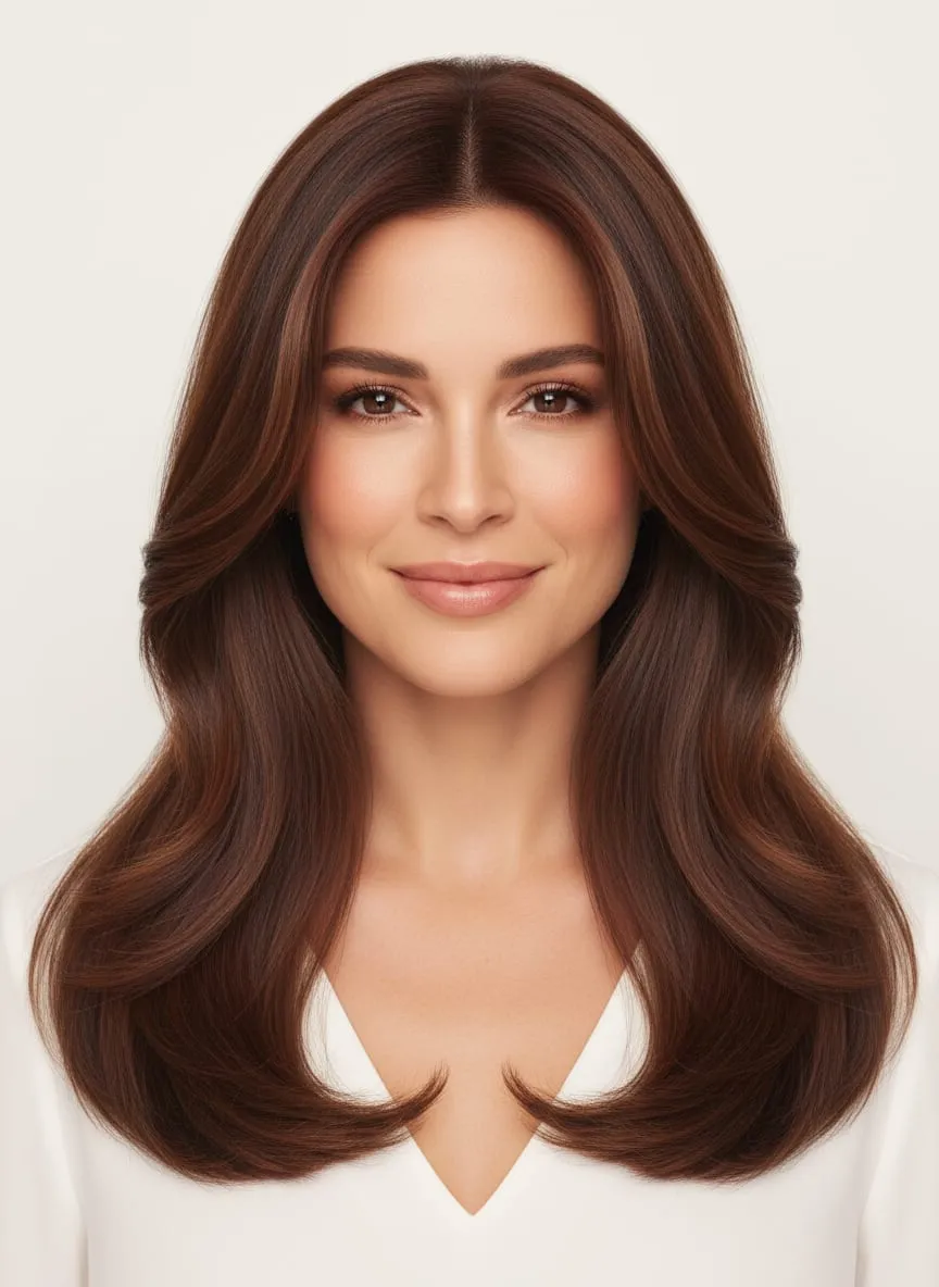 Chest-length chestnut hair with long invisible layers blown into a soft bevel that curves away from the face