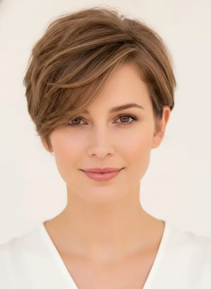 Long pixie cut with close-tapered sides and nape and a long side-swept fringe sweeping past the cheekbone