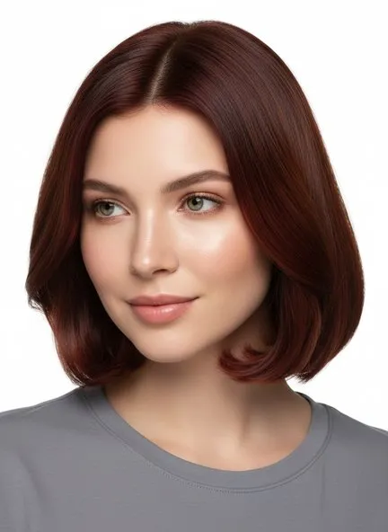 Sleek chin-length bob in mahogany — a glossy red-brown with a cool violet-red cast through the smooth lengths