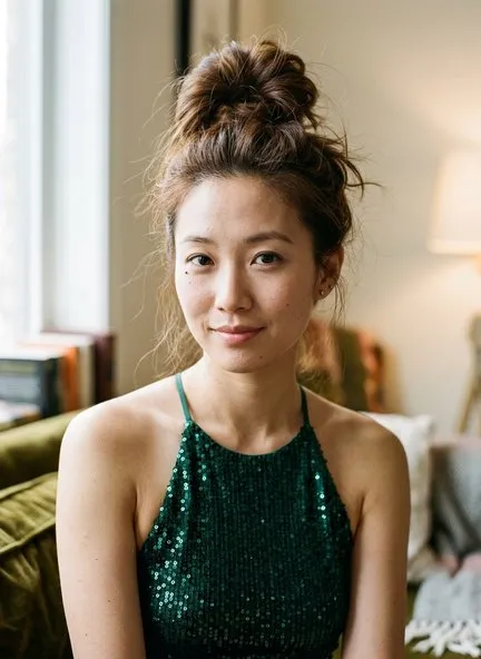 High chestnut topknot piled loosely at the crown with the ends left out and wispy strands escaping around the hairline and nape