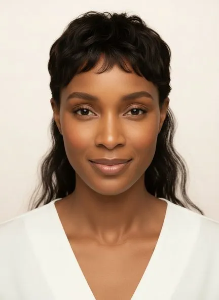 Modern mullet on wavy dark hair — a short textured fringe with soft layers falling well past the jaw at the nape
