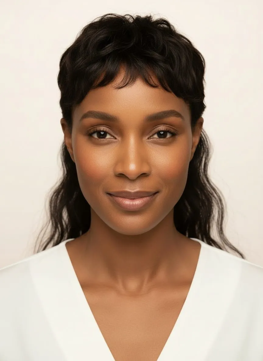 Modern mullet on wavy dark hair — a short textured fringe with soft layers falling well past the jaw at the nape