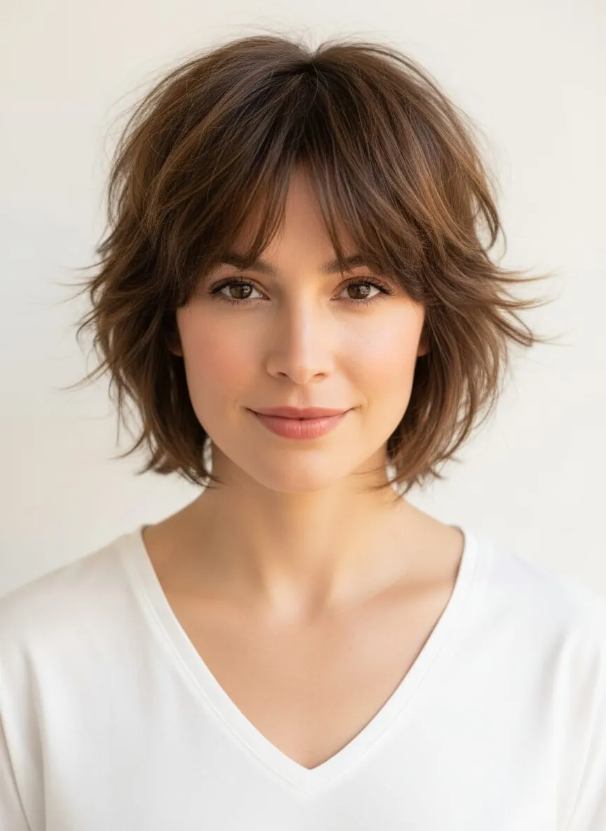 Chin-length modern shag with a wispy fringe and feathered layers flicking out around the jaw