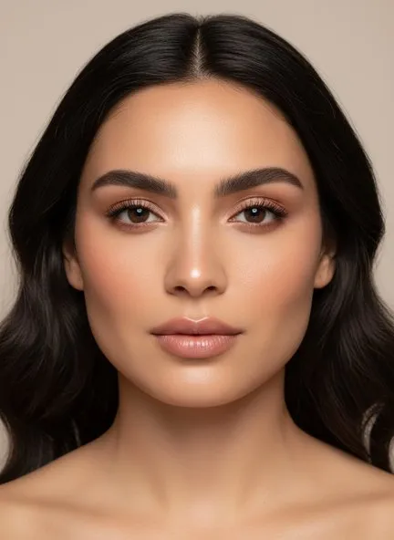 Sheer glowing skin with brushed-up brows, a soft brown wash on the lids and a nude balm lip