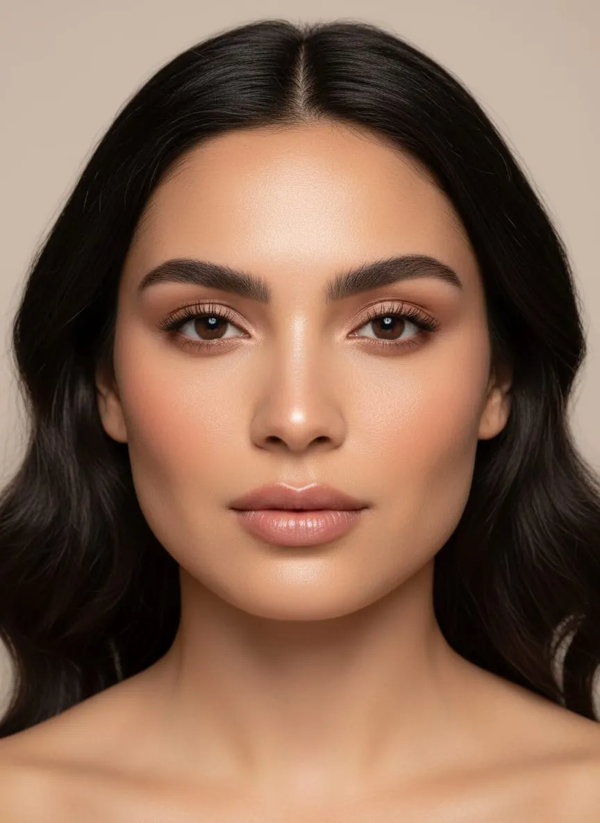 Sheer glowing skin with brushed-up brows, a soft brown wash on the lids and a nude balm lip
