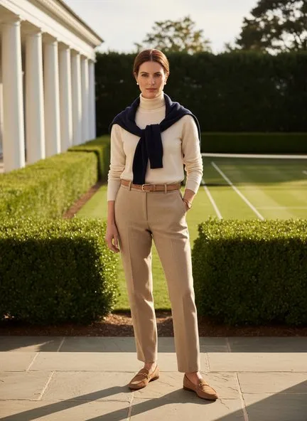 Cream cashmere turtleneck with a navy sweater knotted over the shoulders, camel tailored trousers, a slim brown belt and tan leather loafers