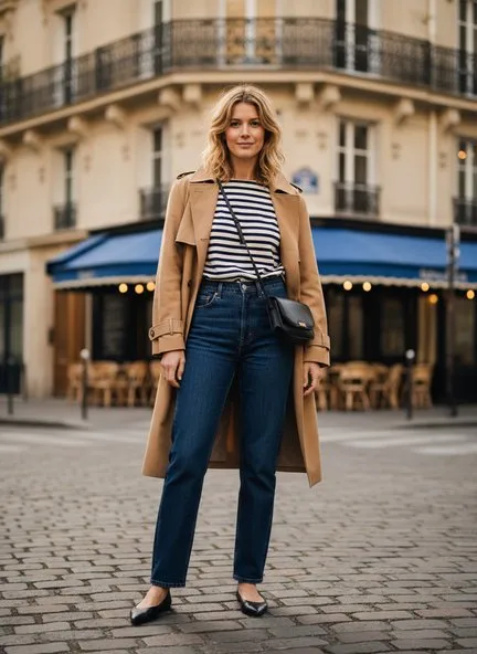 Navy Breton striped top under an open camel trench coat, worn with dark indigo straight-leg jeans, black ballet flats and a small black crossbody bag