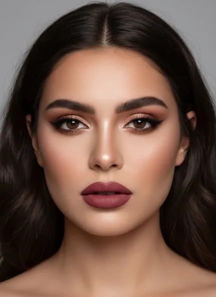 Matte sculpted complexion with a deep smoky bronze eye, strong defined brow and a muted berry matte lip