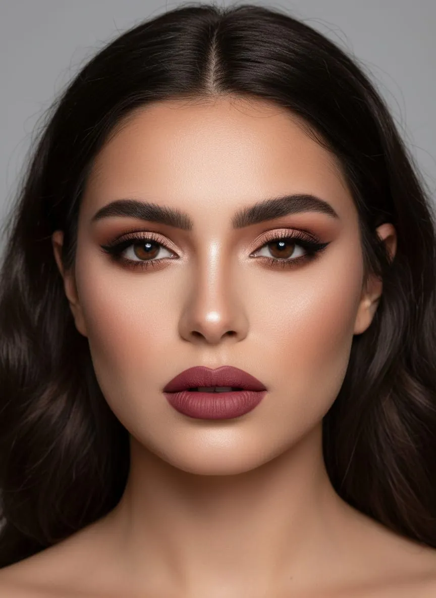 Matte sculpted complexion with a deep smoky bronze eye, strong defined brow and a muted berry matte lip