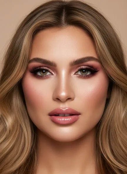 Warm pink-copper shimmer worked across the lid, dark lash line, rosy cheeks and a glossy pinky-nude lip