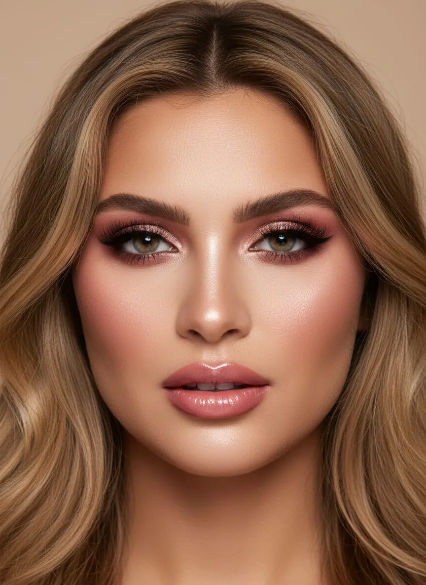 Warm pink-copper shimmer worked across the lid, dark lash line, rosy cheeks and a glossy pinky-nude lip