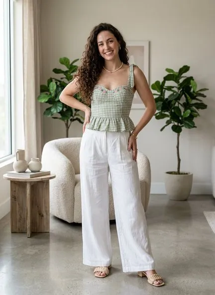 Sage green gingham peplum top with a sweetheart neckline, ruched bodice and tie shoulder straps, worn with white linen wide-leg trousers and tan woven sandals