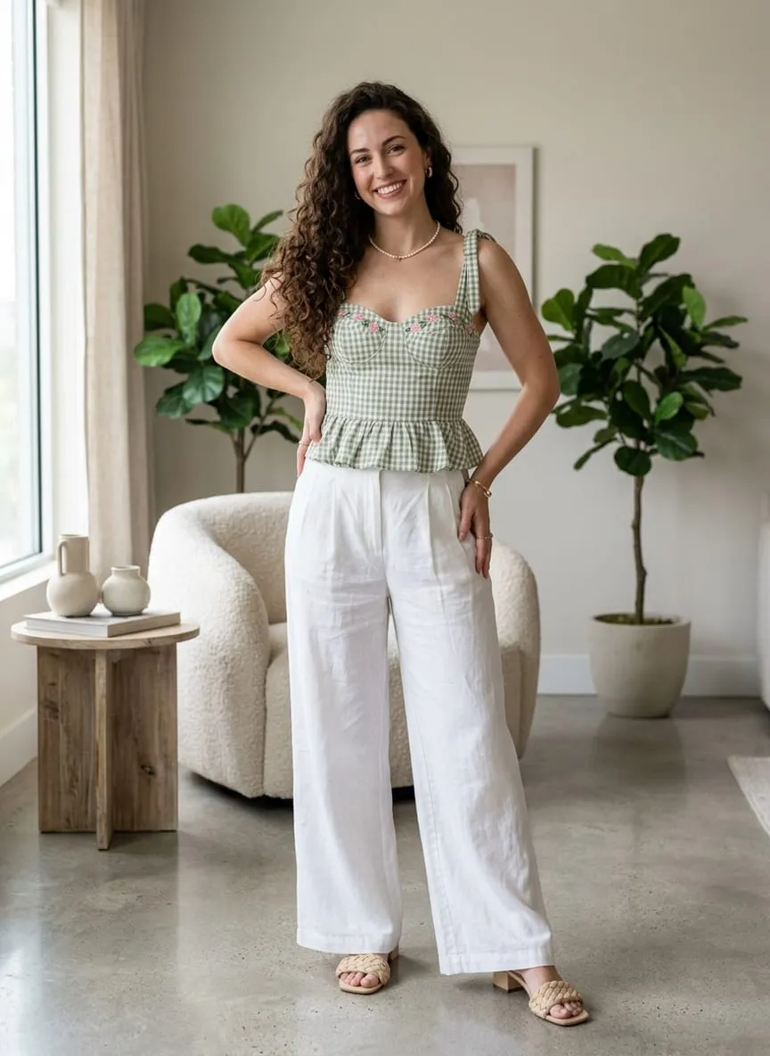 Sage green gingham peplum top with a sweetheart neckline, ruched bodice and tie shoulder straps, worn with white linen wide-leg trousers and tan woven sandals