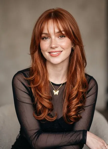 Long copper-red hair with a soft see-through fringe split lightly at the center, long face-framing layers, and ends blown under