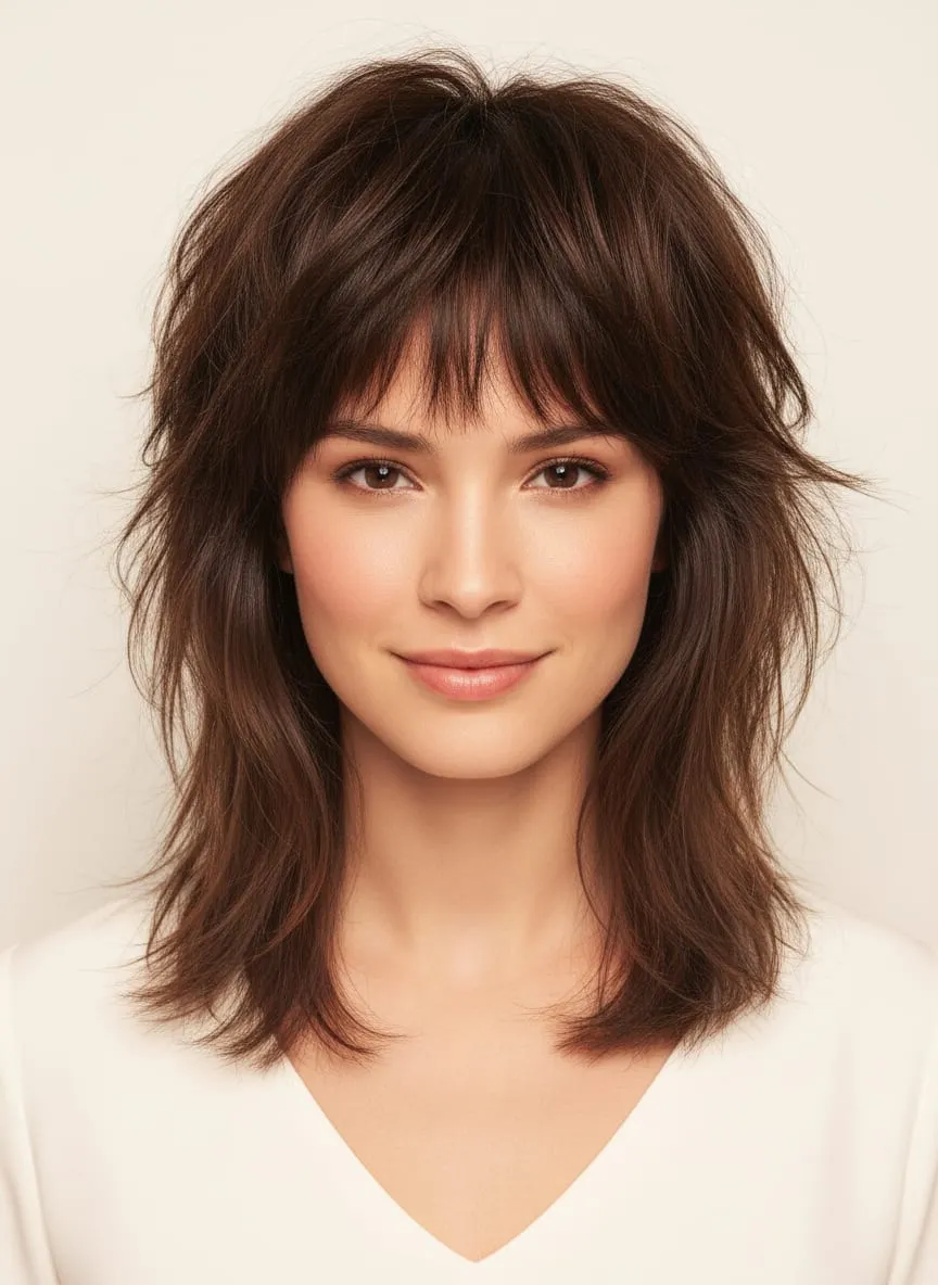 Shoulder-length wolf cut with heavy layers through the crown, piecey ends, and a wispy fringe across the brows