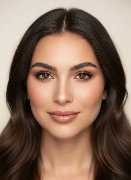 Warm neutral eye with soft definition, peachy blush and a glossy nude lip, lit evenly from the front