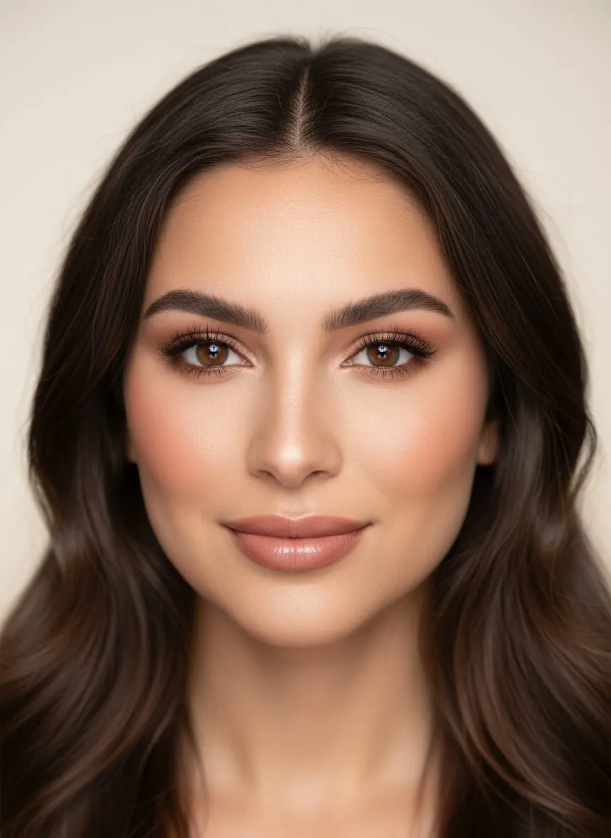 Warm neutral eye with soft definition, peachy blush and a glossy nude lip, lit evenly from the front